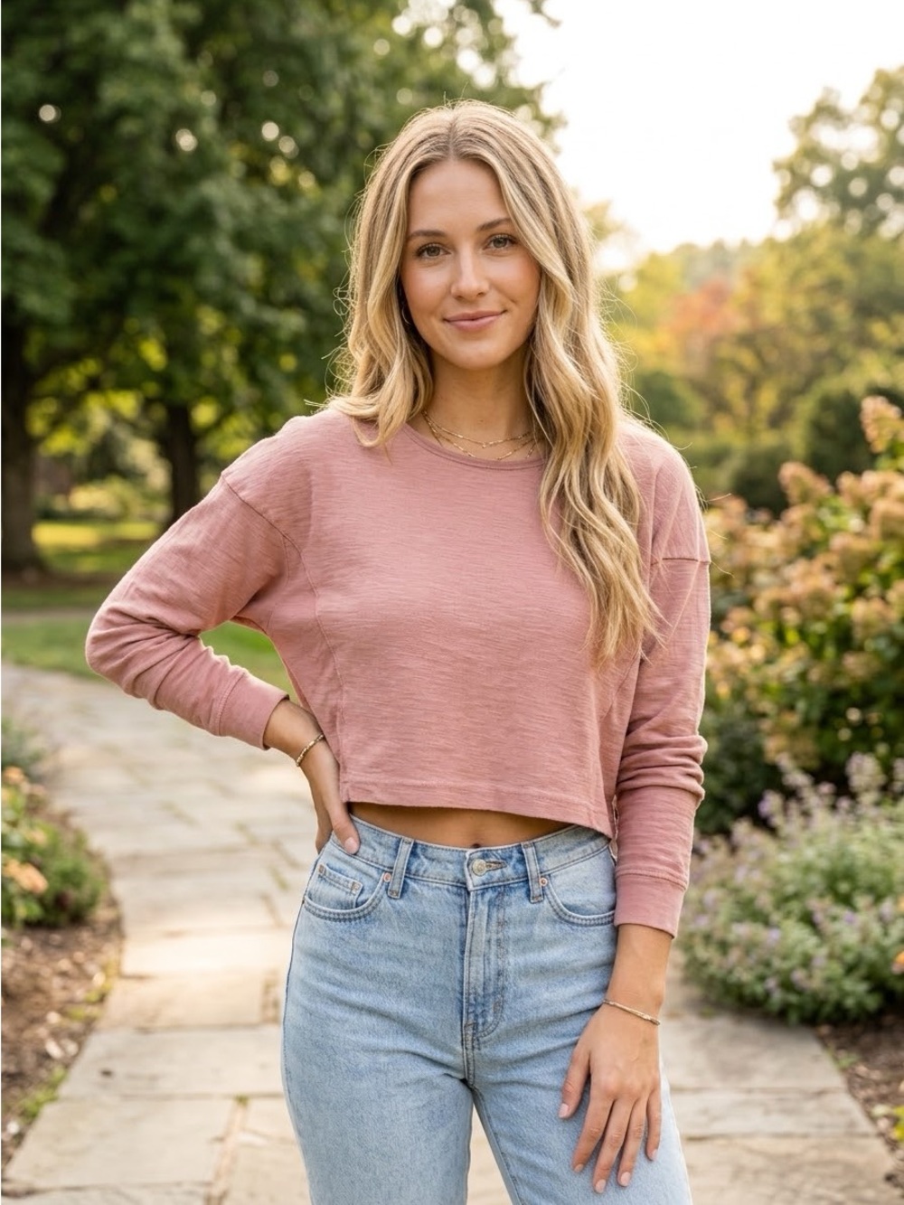 GYMSHARK Pause Dusty Rose Pink Cropped Long Sleeve Cotton Top